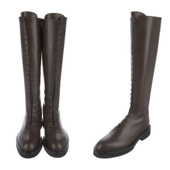 KHAITE LEATHER Lace up riding boots in brown - Picture 1 of 14